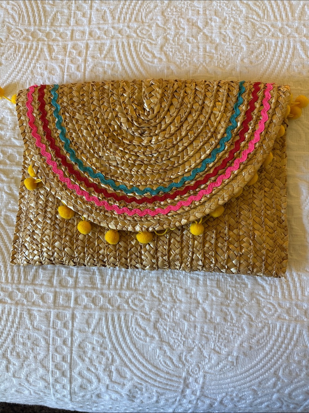 Woven Straw Clutch with Pink & Teal Trim and Yellow Pom Details